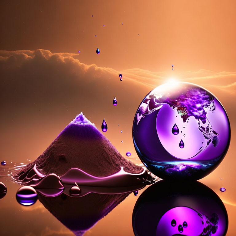 Surreal landscape with purple-tinted globe, levitating water droplets, sand dune