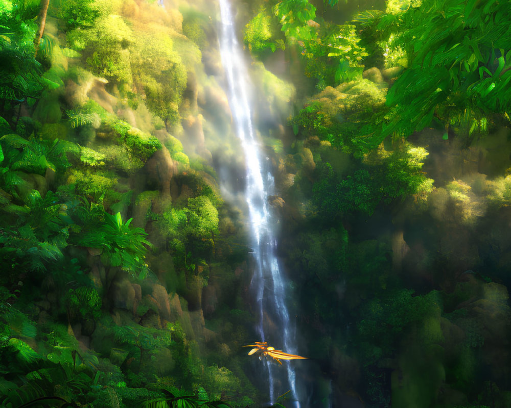 Tropical waterfall surrounded by lush green foliage and birds