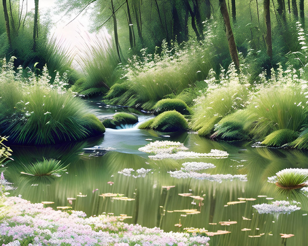 Tranquil forest stream with lush greenery and wildflowers