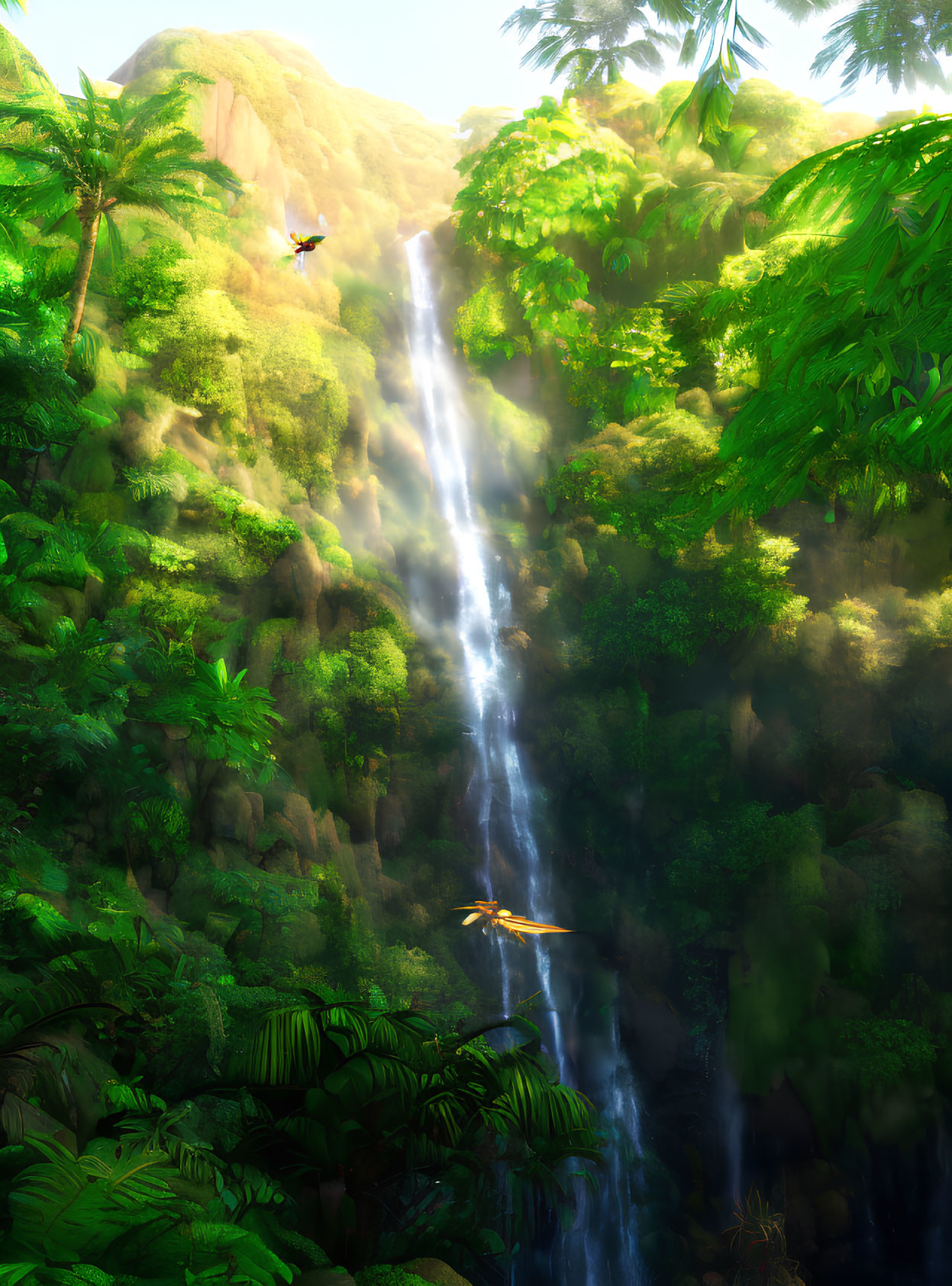 Tropical waterfall surrounded by lush green foliage and birds