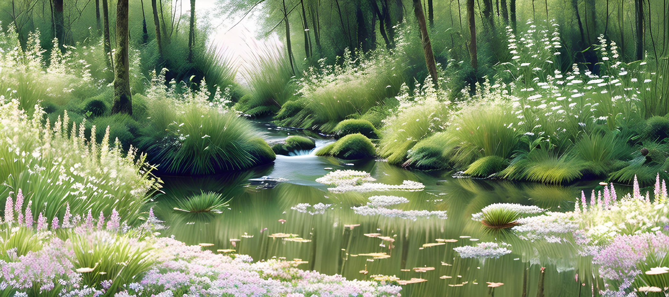 Tranquil forest stream with lush greenery and wildflowers