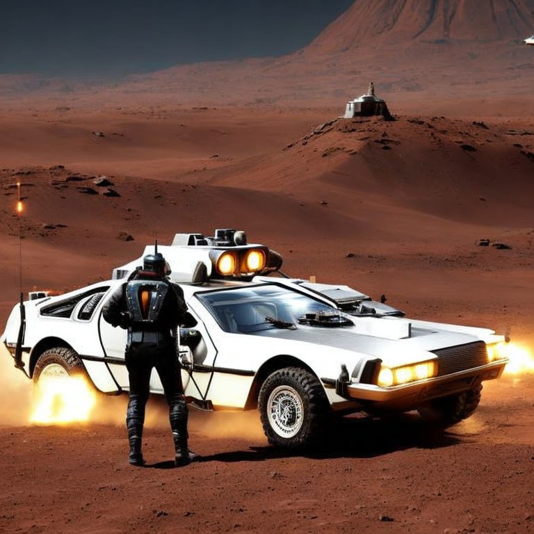 Astronaut beside vintage car on Mars-like desert with habitat module
