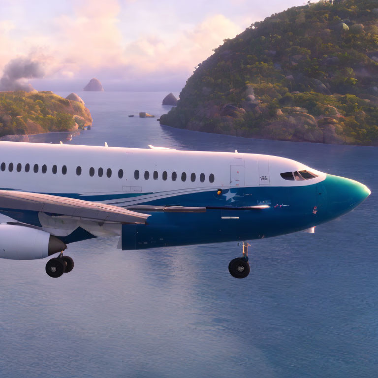 Commercial airplane flying near misty tropical hills at sunrise or sunset