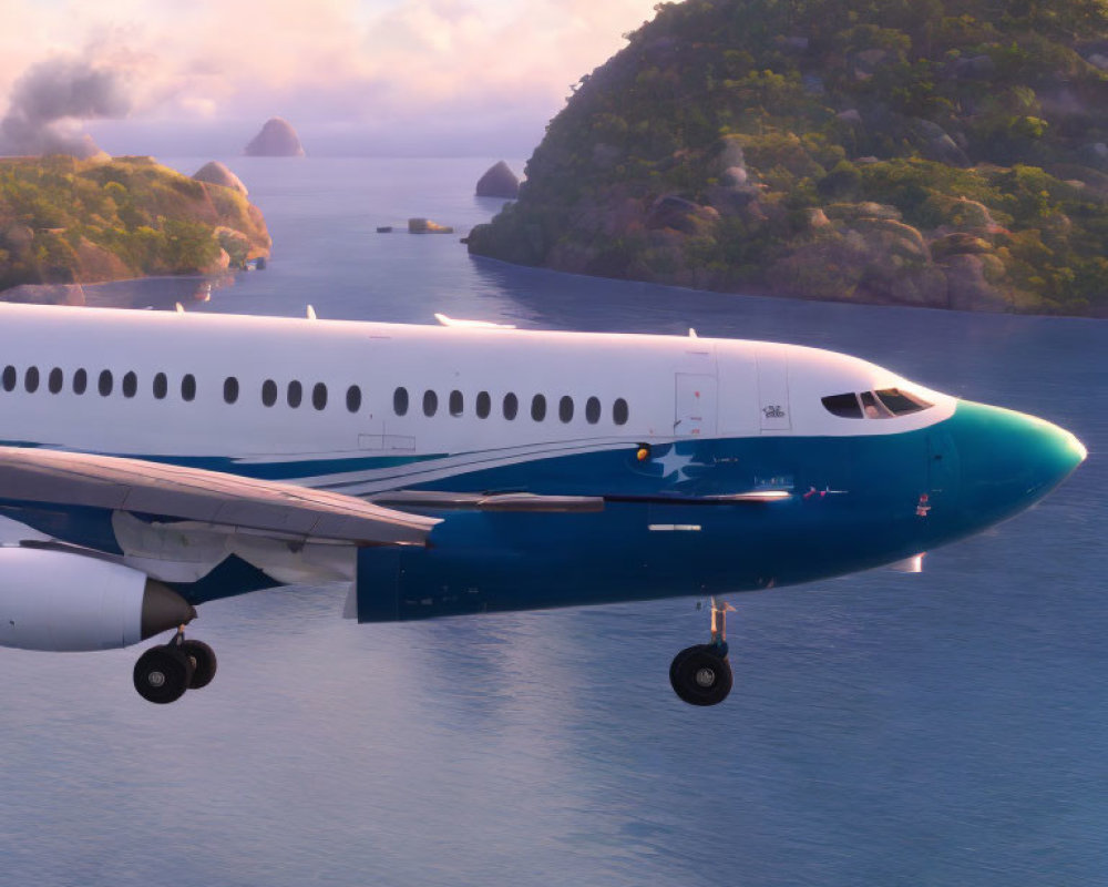 Commercial airplane flying near misty tropical hills at sunrise or sunset