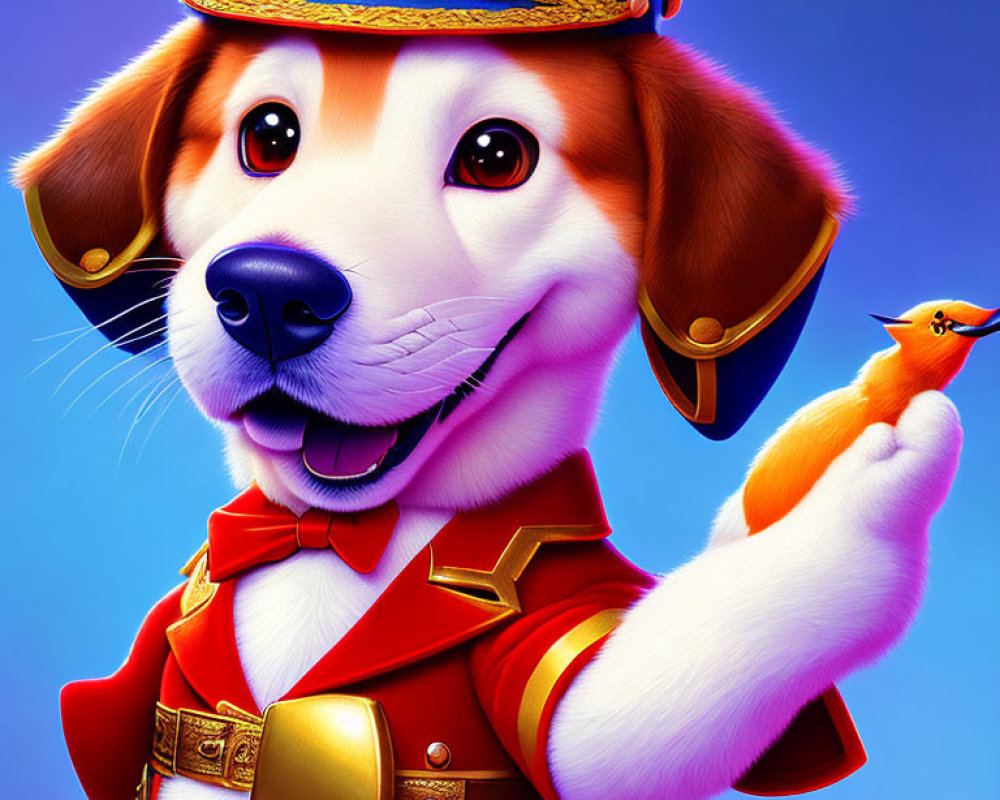 Smiling animated dog in red uniform with bird on paw against blue background