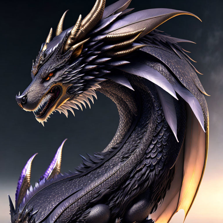 Detailed Black Dragon with Sharp Horns and Glowing Orange Eyes