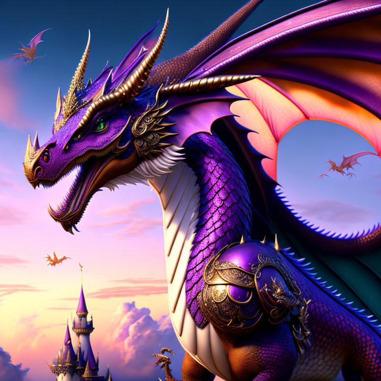 Detailed Purple Dragon Over Fantasy Landscape with Dragons and Castles at Sunset