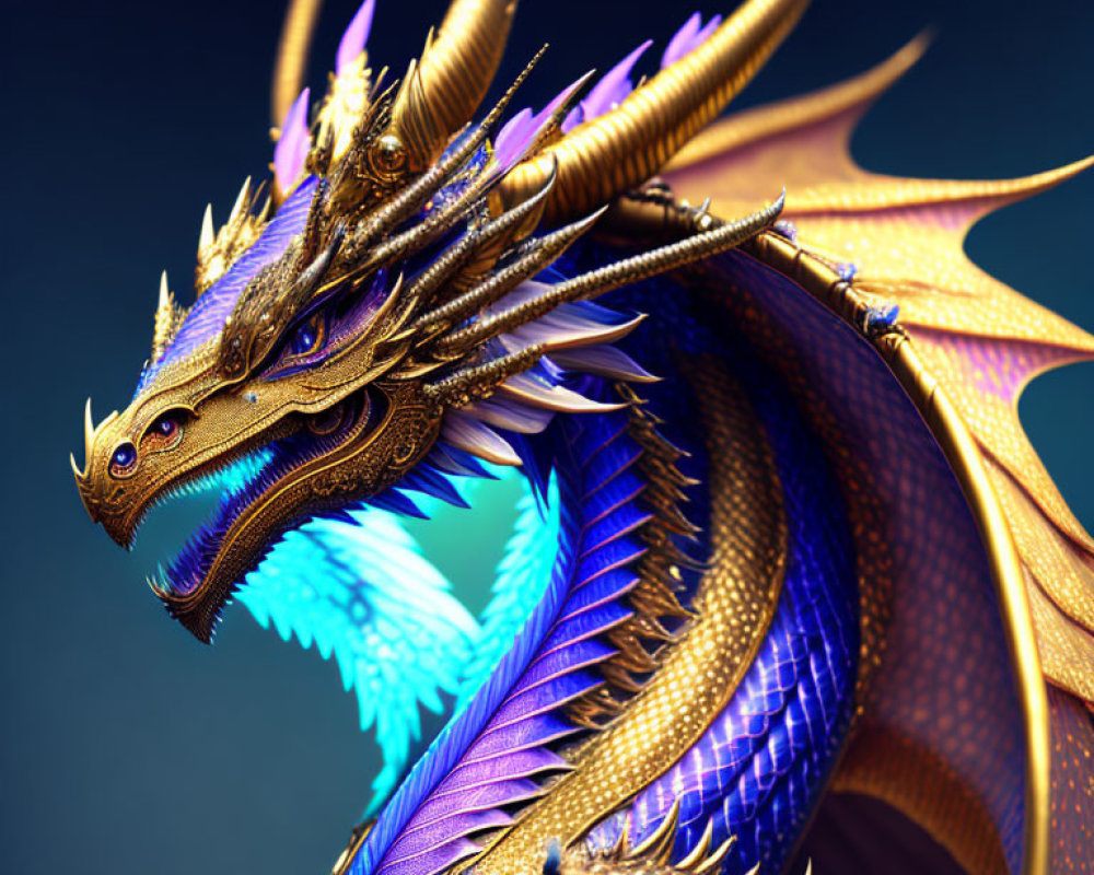 Detailed Digital Illustration of Majestic Golden and Blue Dragon