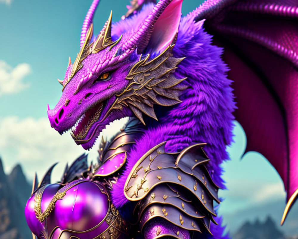 Detailed 3D Purple Dragon in Golden Armor on Blue Sky