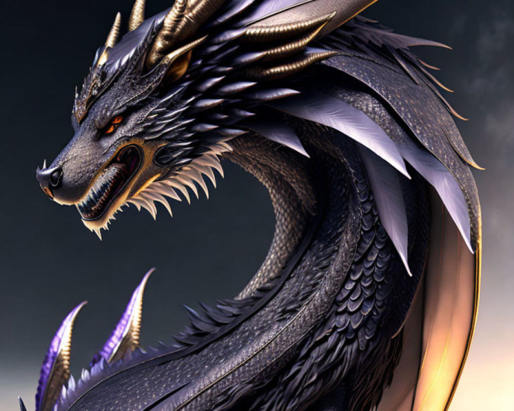 Detailed Black Dragon with Sharp Horns and Glowing Orange Eyes