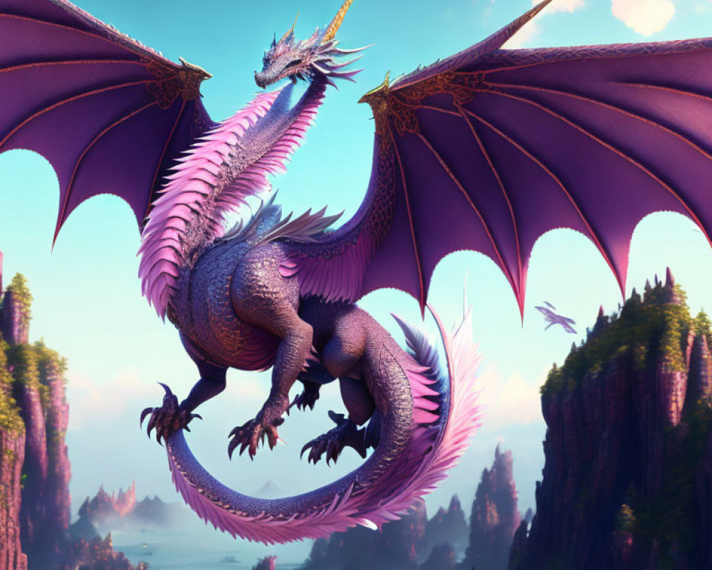 Purple dragon flying over rocky landscape with lush greenery