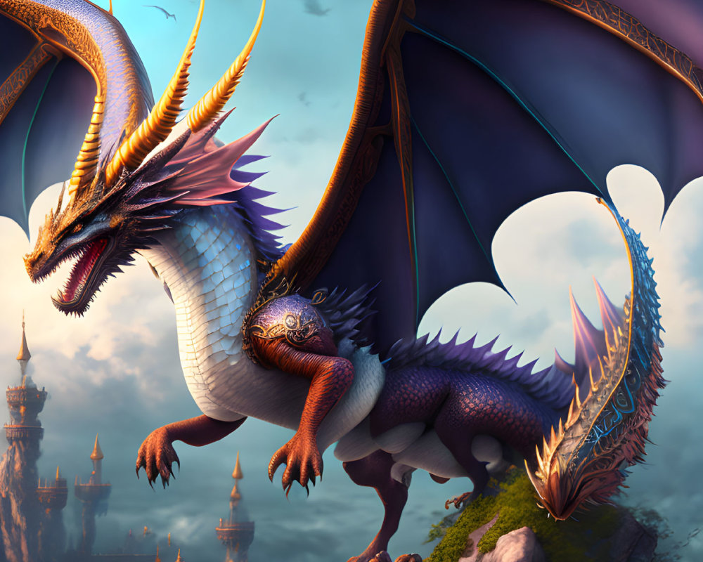 Orange and purple-scaled dragon on cliff with fantasy castle and twilight sky