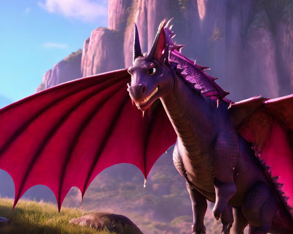 Purple-scaled animated dragon in sunny rocky landscape