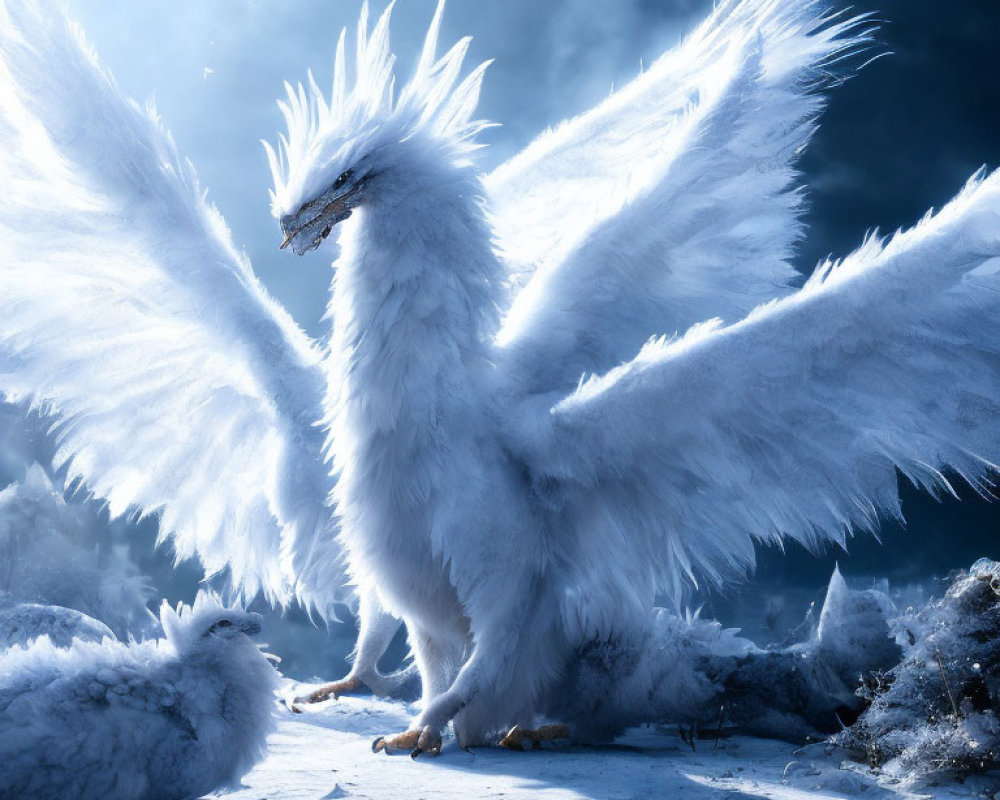 White feathered creature with wings in snowy landscape under moody sky