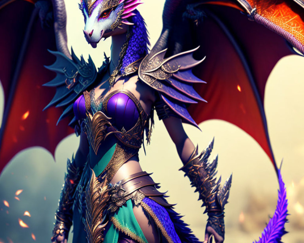 Regal dragon-humanoid creature with vibrant wings and ornate armor