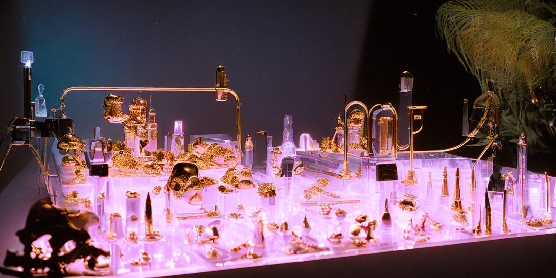 Translucent glowing sculpture of cityscape with intricate details