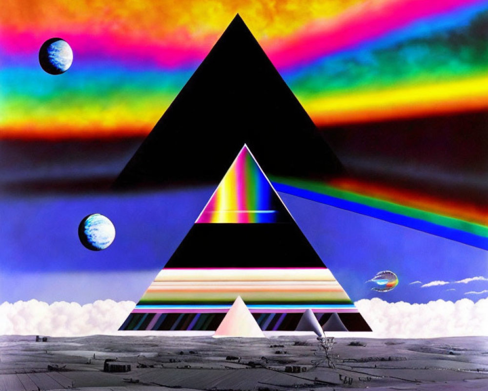 Surreal Landscape with Pyramids and Prism: Vivid Rainbow Colors, Celestial Bodies, Fut