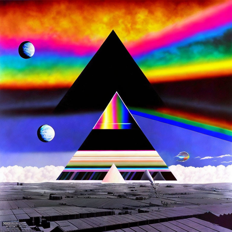 Surreal Landscape with Pyramids and Prism: Vivid Rainbow Colors, Celestial Bodies, Fut