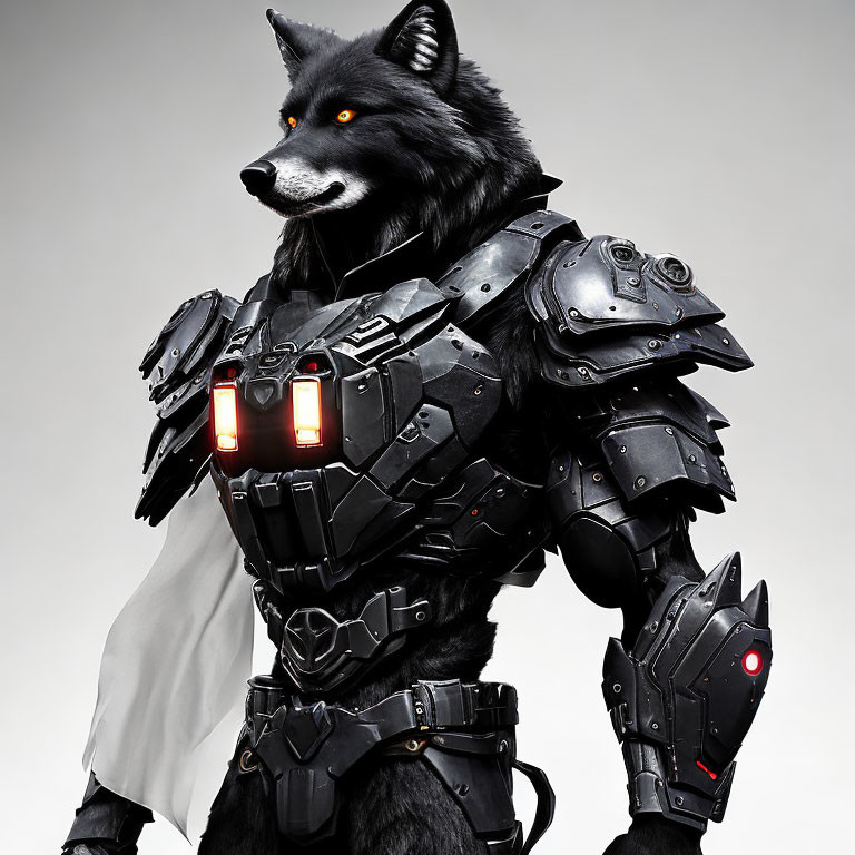 Futuristic black armor-clad wolf in red accents against grey background