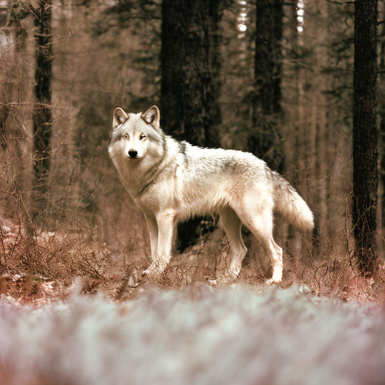 Majestic gray wolf in autumn forest clearing