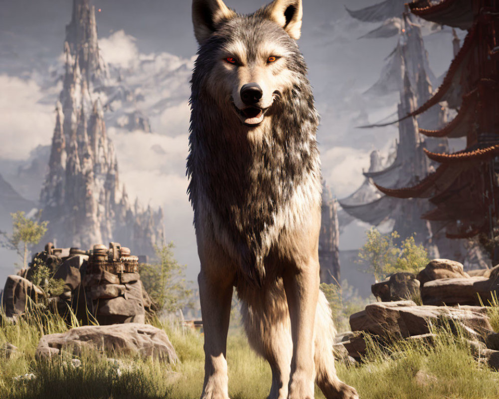 Realistic 3D rendering of large wolf in majestic landscape with fantasy towers.