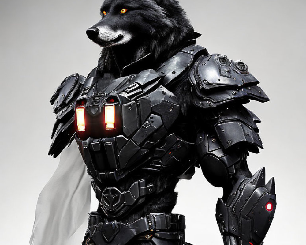 Futuristic black armor-clad wolf in red accents against grey background