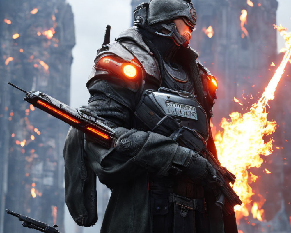 Futuristic soldier in armor with rifle against fiery backdrop