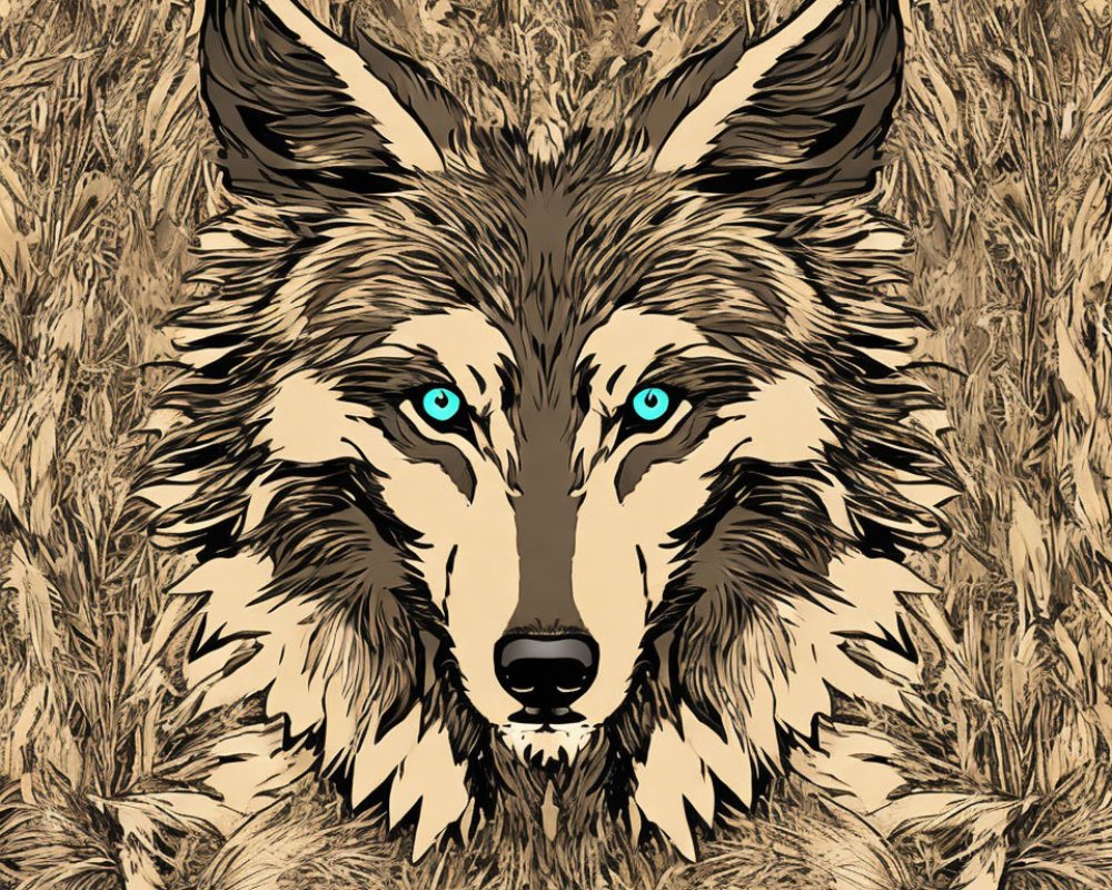 Wolf's Face Illustration with Blue Eyes and Brown Fur on Textured Grass Background