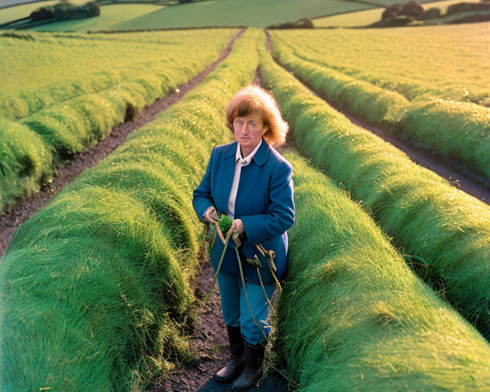 Person at forked pathway in lush green field with walking stick, windswept hair, blue coat