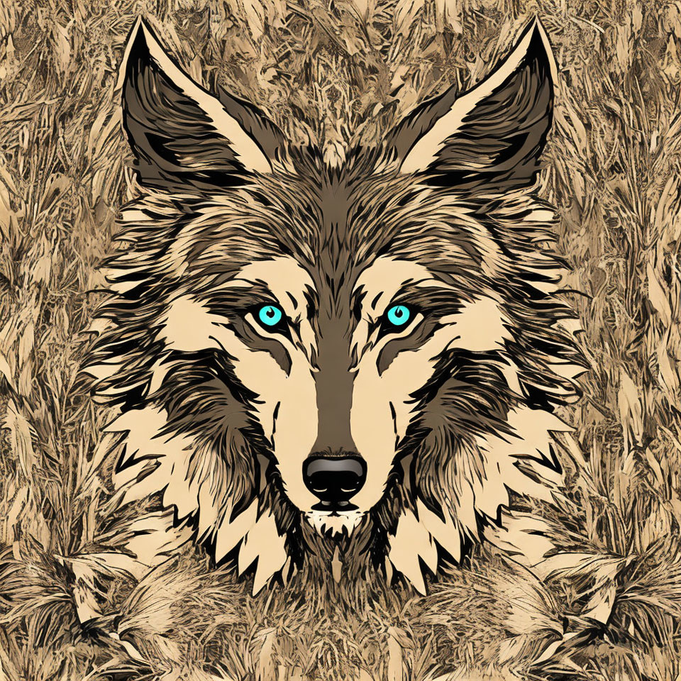 Wolf's Face Illustration with Blue Eyes and Brown Fur on Textured Grass Background