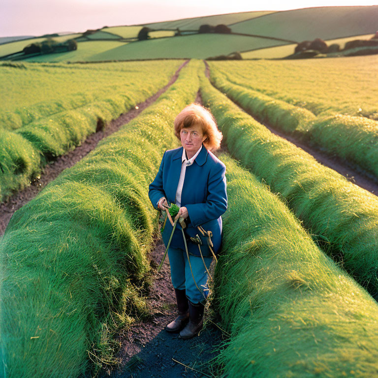 Person at forked pathway in lush green field with walking stick, windswept hair, blue coat