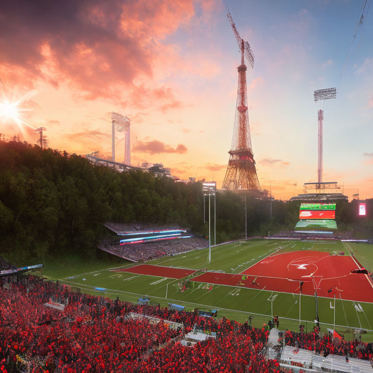 Spectacular sports stadium with red-clad spectators, running track, and football field at sunset.