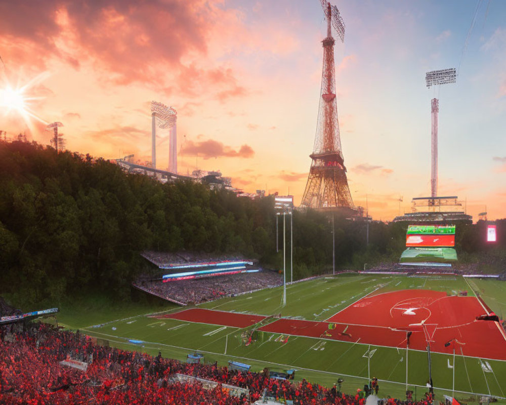 Spectacular sports stadium with red-clad spectators, running track, and football field at sunset.