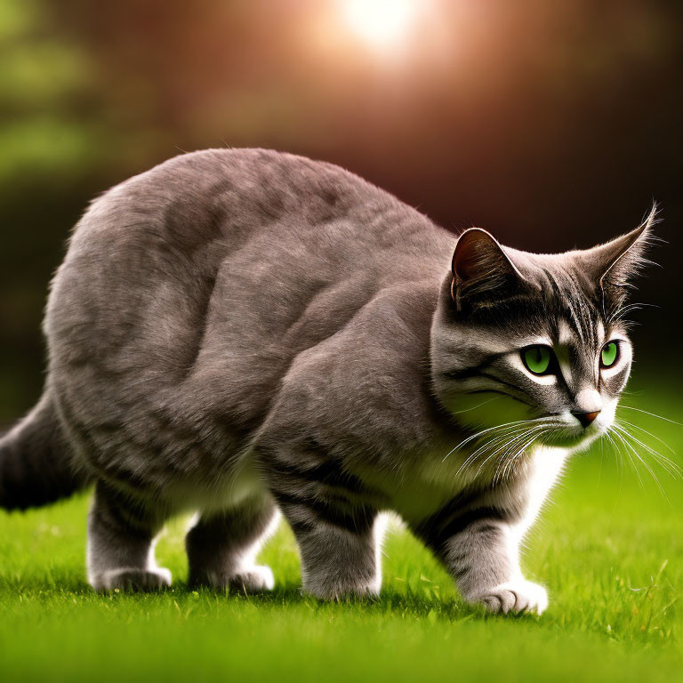 Gray and White Cat with Green Eyes in Grass with Warm Light