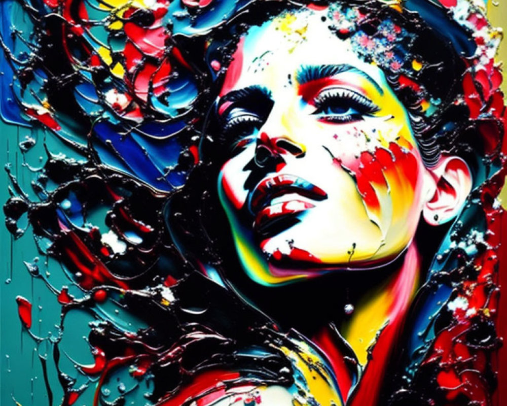 Colorful portrait of woman with expressive makeup in front of multicolored paint splash