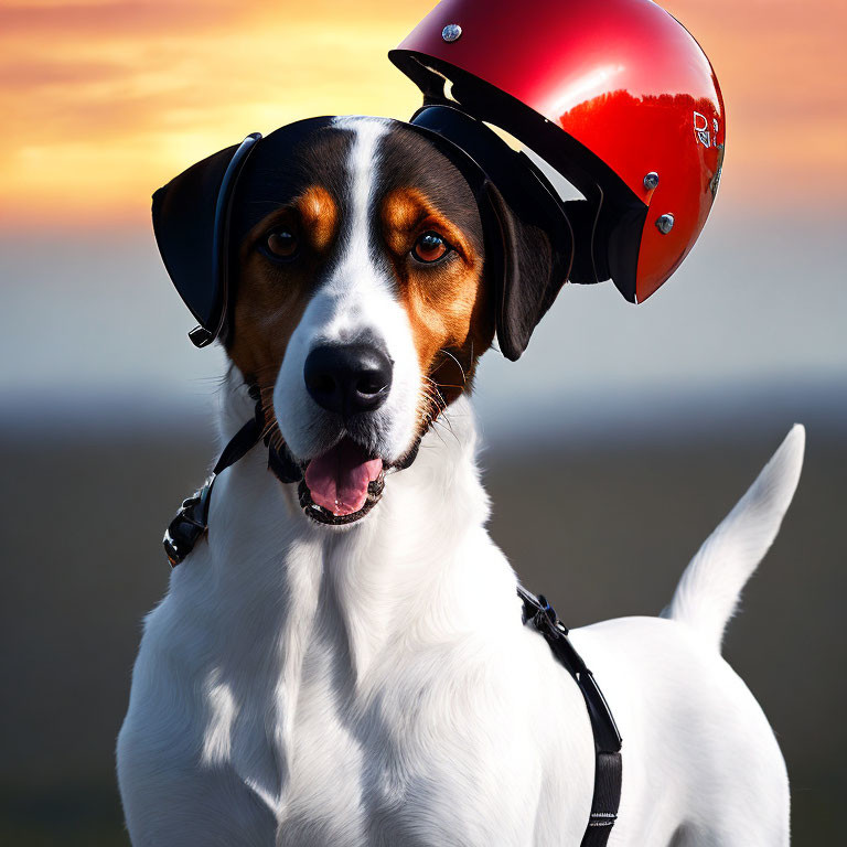 Tricolor Coat Dog in Red Helmet with Sunset Background