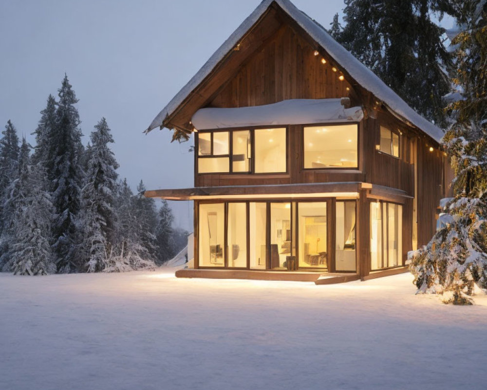 Snowy Twilight Scene: Cozy Wooden Cabin with Illuminated Windows