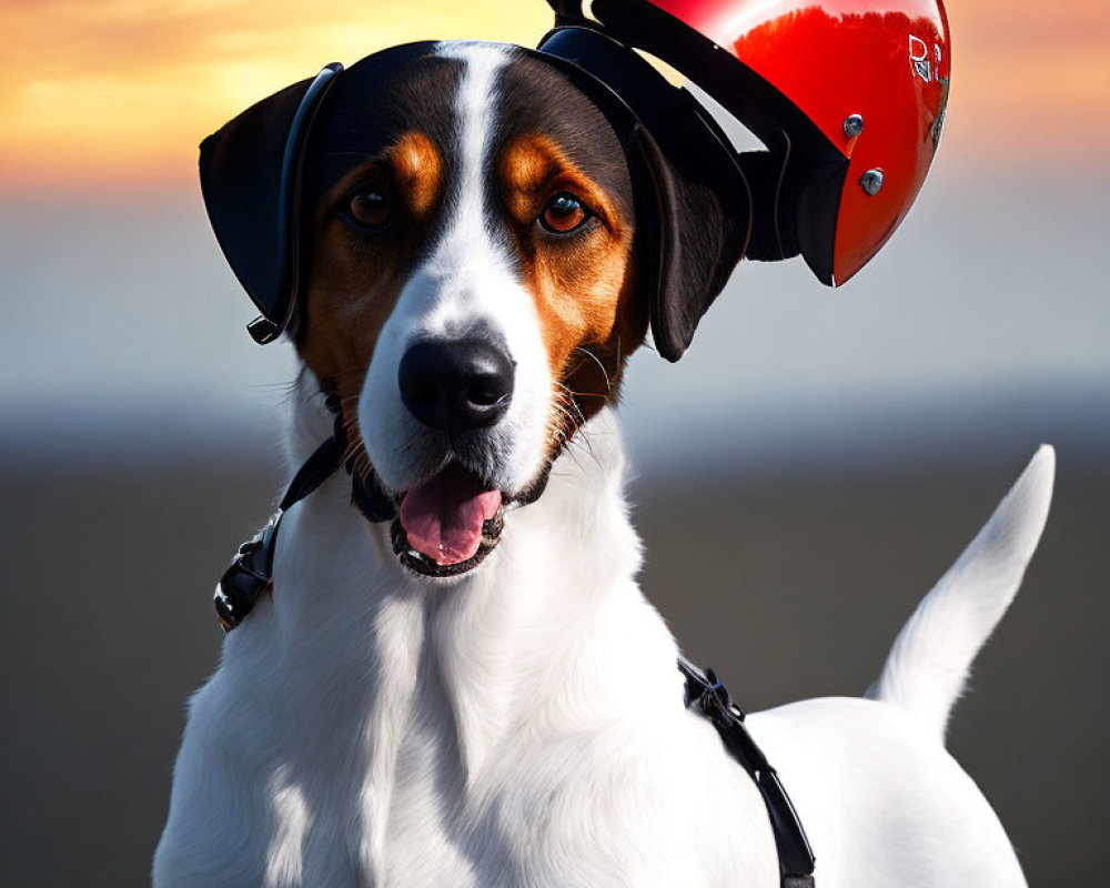 Tricolor Coat Dog in Red Helmet with Sunset Background