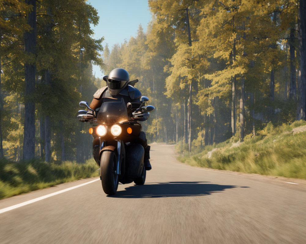 Motorcyclist with helmet riding on sunny road with green trees