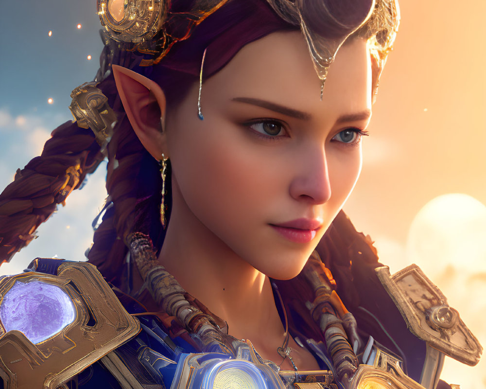 Female character with elf-like ears, crown, and futuristic armor at sunset