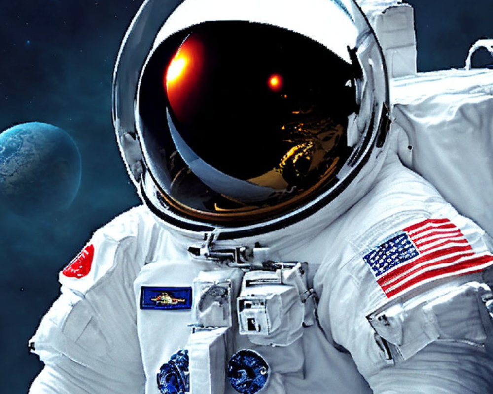 Astronaut in white spacesuit with American flag patch floating in space with Earth and moon.