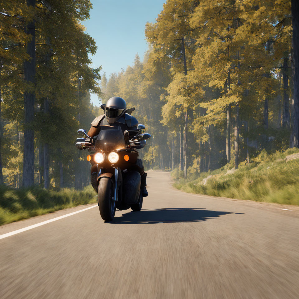 Motorcyclist with helmet riding on sunny road with green trees