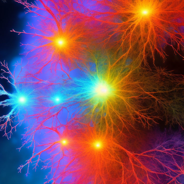 Colorful Luminous Nodes with Fibrous Strands in Blue, Orange, and Yellow