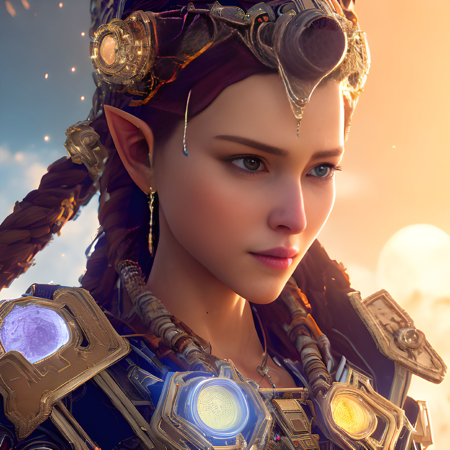 Female character with elf-like ears, crown, and futuristic armor at sunset