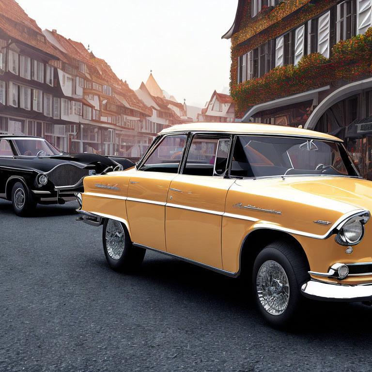 Classic Cars Parked on Cobblestone Street Amid Foggy Half-Timbered Houses