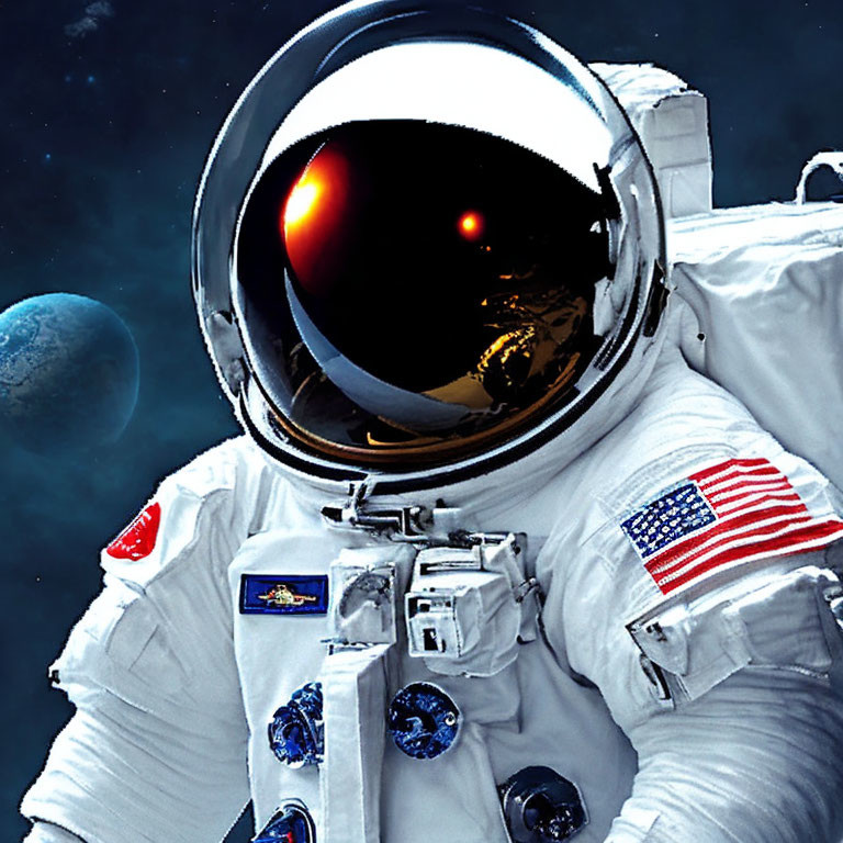 Astronaut in white spacesuit with American flag patch floating in space with Earth and moon.