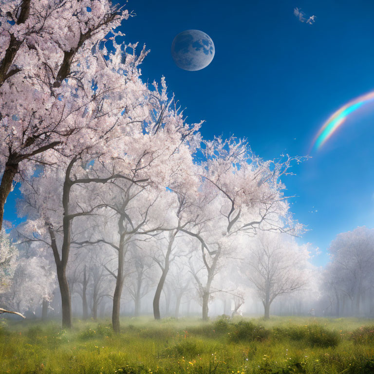 Tranquil landscape with cherry blossoms, rainbow, moon, and misty meadow