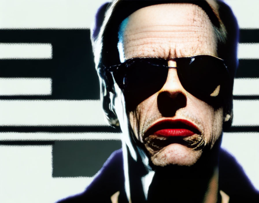 Stylized portrait of a person with sunglasses and red lipstick in dramatic lighting