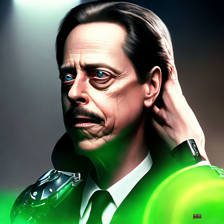 Detailed digital artwork: Man in green suit with robotic arm