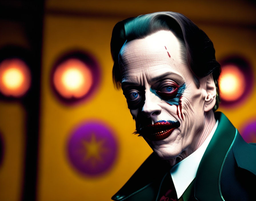 Stylized 3D illustration of person in clown make-up with green suit